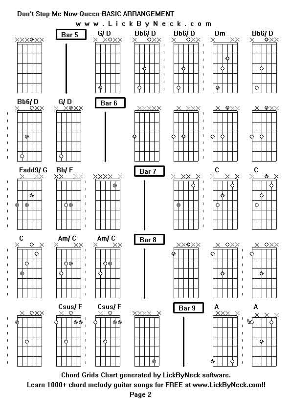 Chord Grids Chart of chord melody fingerstyle guitar song-Don't Stop Me Now-Queen-BASIC ARRANGEMENT,generated by LickByNeck software.